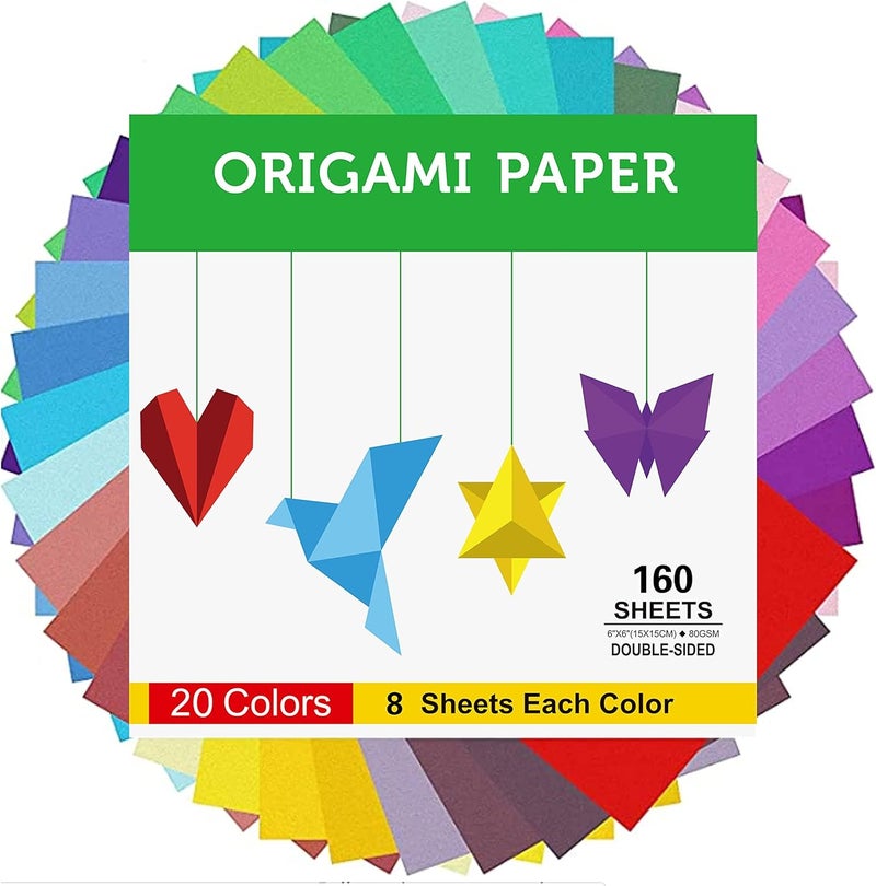 BUBU 160 Sheets Origami Paper Double Sided for Arts & Crafts 20 Vivid Colors - 6 x 6 Inch Square Easy Fold Paper for Beginner，Adult - Image 1